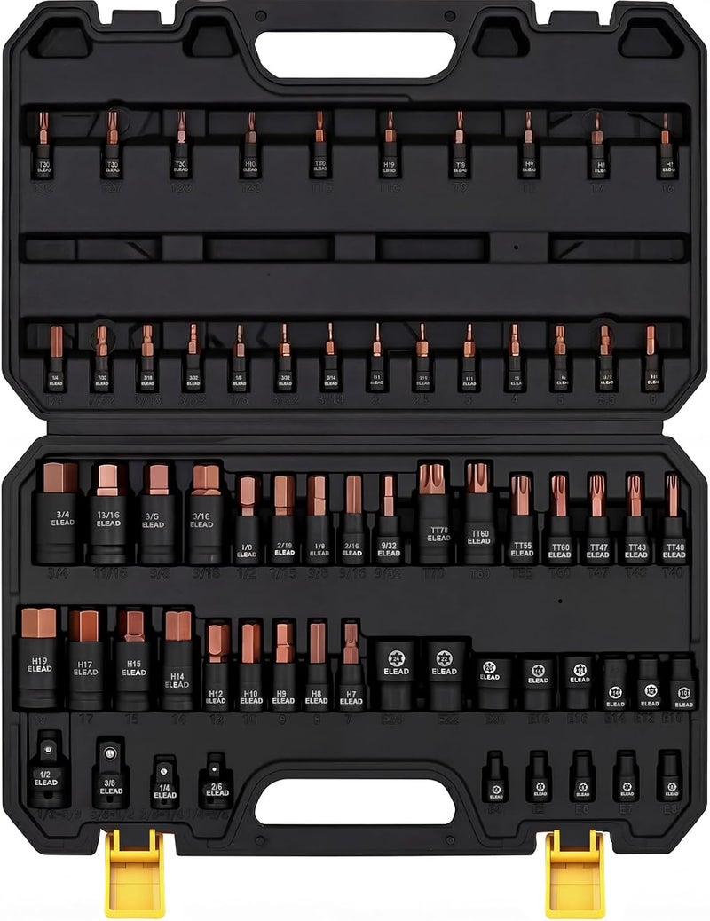 ELEAD 66-Piece Torx Bit & Hex Bit Socket Set: Premium CR-V & S2 Alloy Steel, Star T8-T70 & E-Torx E4-E24, High Torque Laser Marked for Automotive Mechanic - Image 1